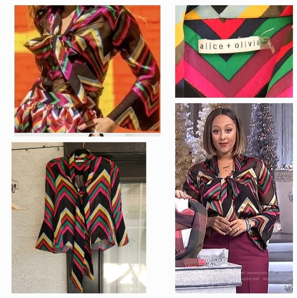 Alice + Olivia Merideth Flared Cuff‎ Chevron Pussybow Blouse